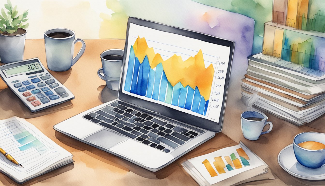 A laptop displaying a stock portfolio with graphs and charts, surrounded by financial books and a calculator. A hand-written investment plan sits next to a cup of coffee